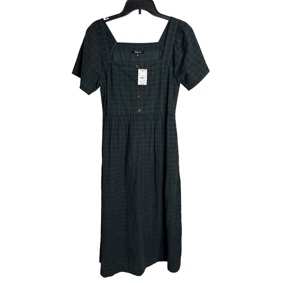 Madewell NI639 Windowpane Puff Sleeve Midi Dress Dark Green XS NEW - Picture 3 of 15